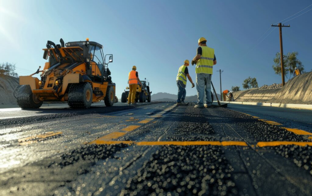 Workers pave a road with fresh asphalt under a clear sky.